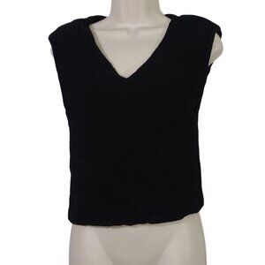 Lush Black Crinkle Sleeveless V-Neck Top Women Size S Casual Lined Elastic Hem